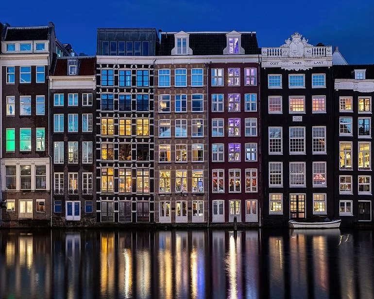 Amsterdam canal houses at night